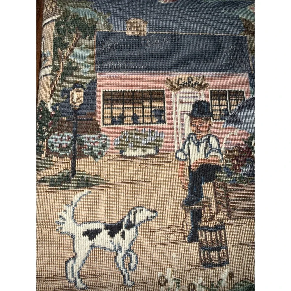 Wooden Vintage Box Hinged Lid Tapestry Man Dog Pictorial Fabric‎ Top Recipe